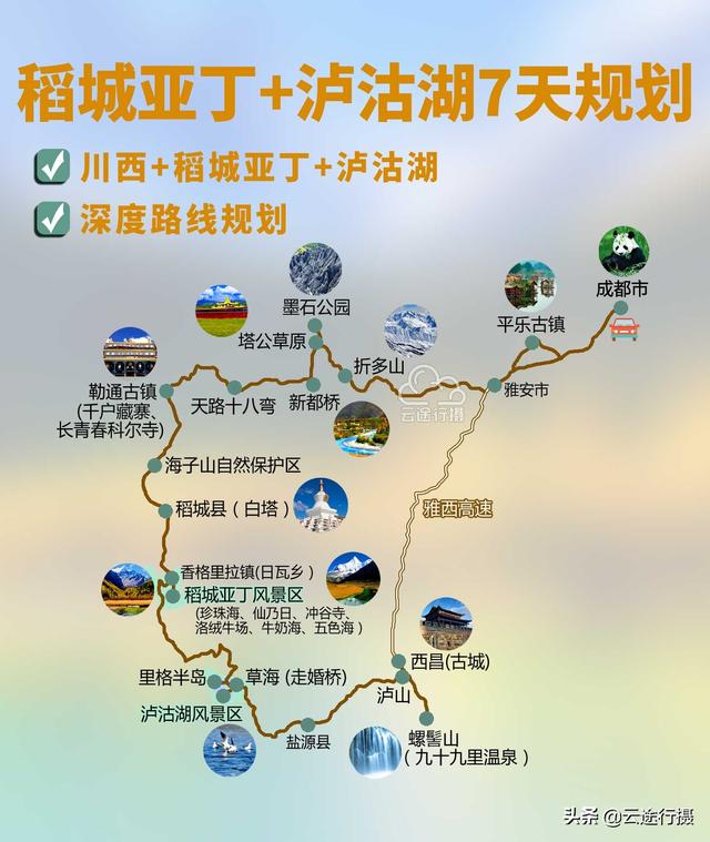 泸沽湖稻城亞丁徒步路線（麗江泸沽湖7日環線旅遊攻略路線圖）1