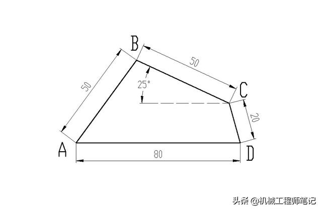 cad中如何繪制帶角度的矩形（已知4邊長度和1個角度）1